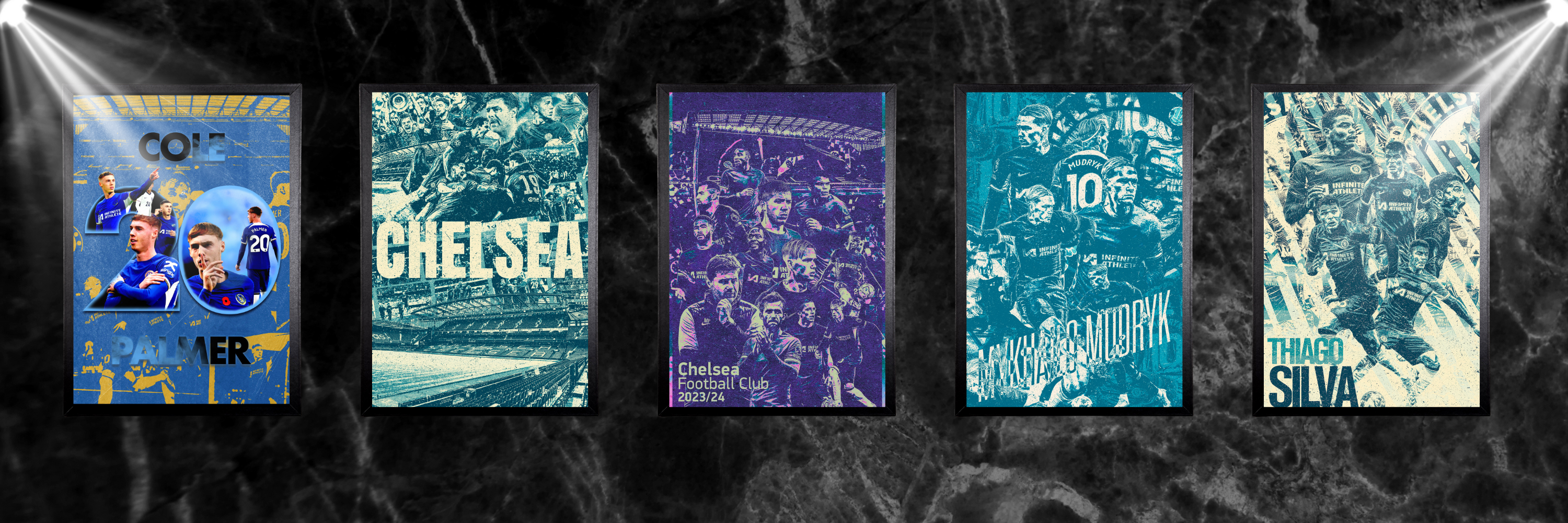 chelsea collection banners feautring framed posters of thiago silva, mudryk, palmer and team posters