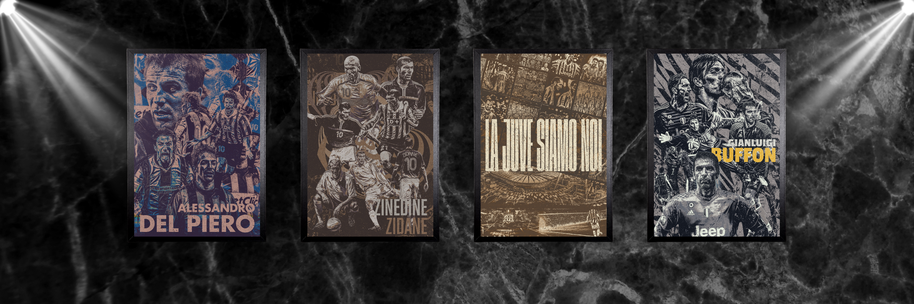 Juventus poster collection showcasing legendary players like Gianluigi Buffon, Alessandro Del Piero, and Zinedine Zidane with custom football art designs.